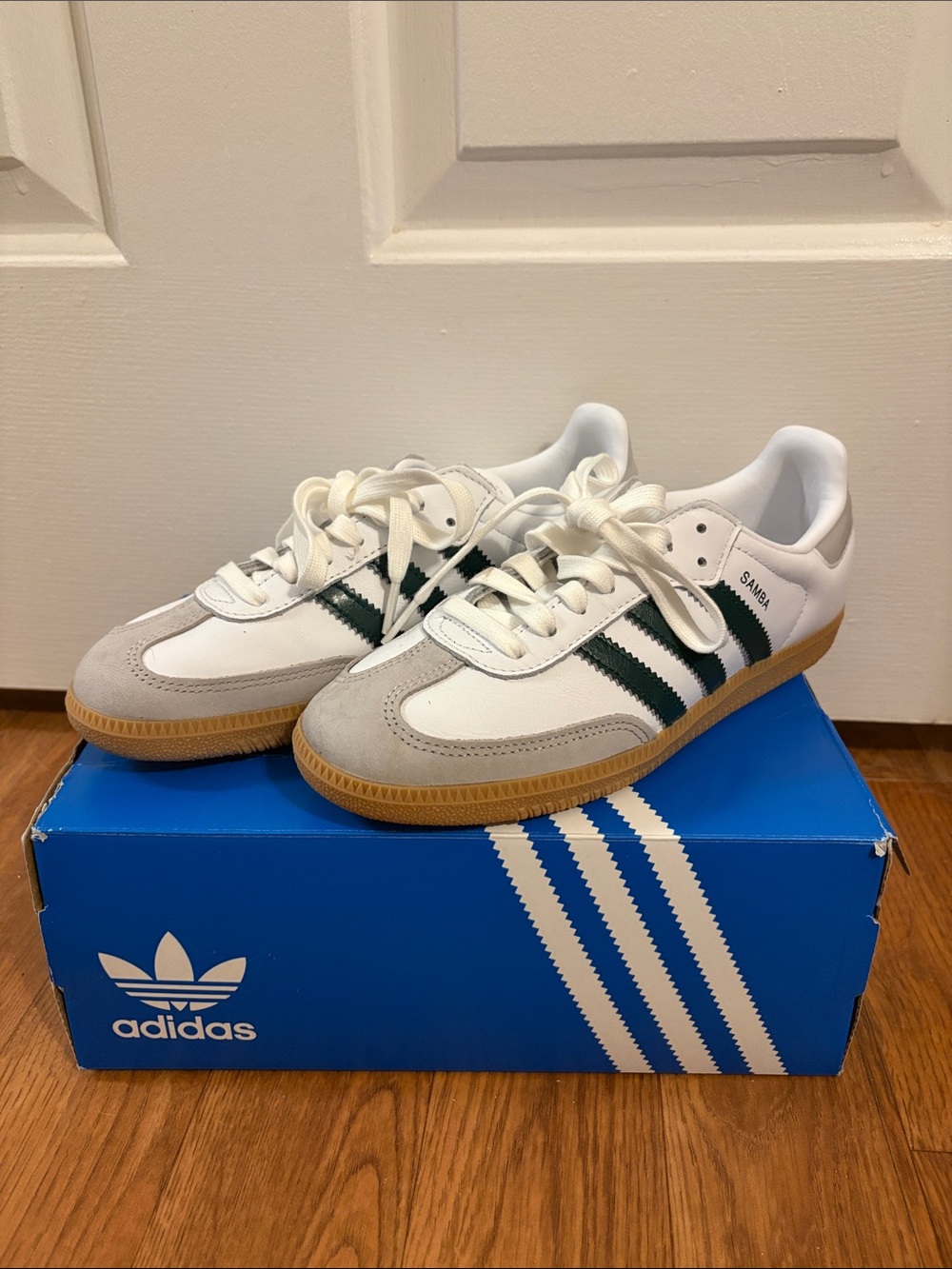 adidas Kids Samba Sneakers - White with Dark Green Stripes and Gum Sole